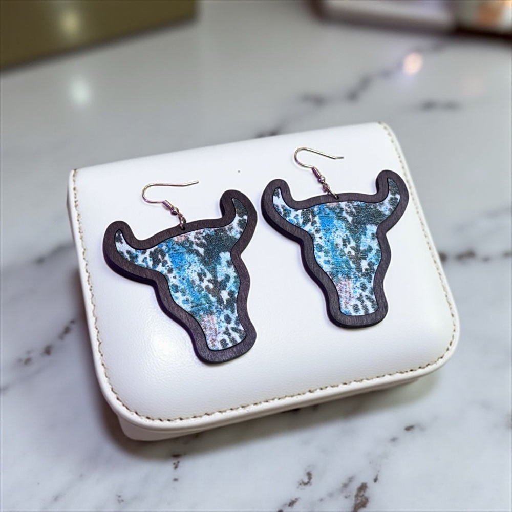 Women’s Fashion Jewelry Western Cow Print Earrings with Blue and Black Design